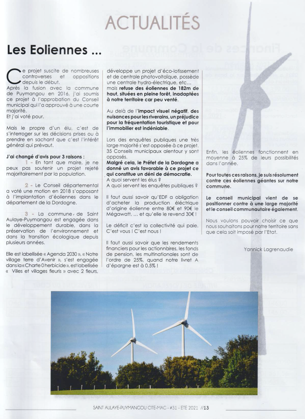 Le maire de Saint-Aulaye-Puymangou contre le projet éolien