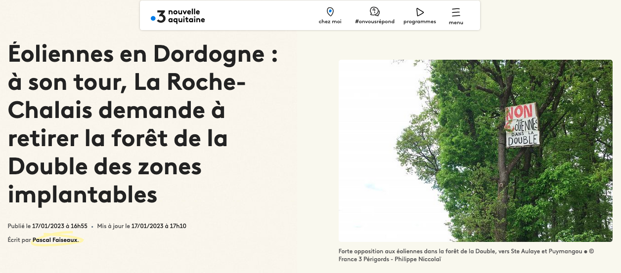 Eoliennes en Dordogne : à son tour La Roche-Chalais demande à retirer la forêt de la Double des zones implantables
