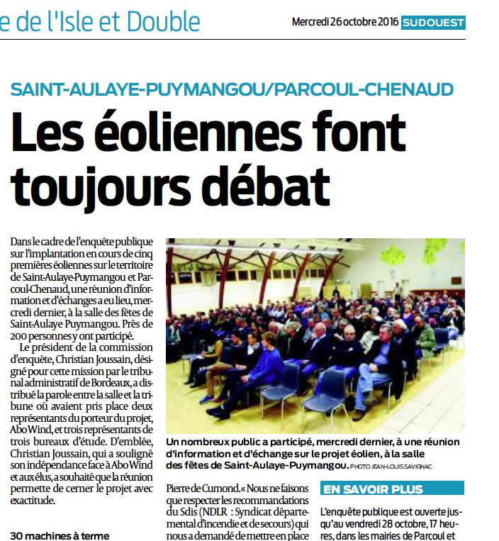 Saint-Aulaye-Puymangou Parcoul-Chenaud : Les éoliennes font toujours débat